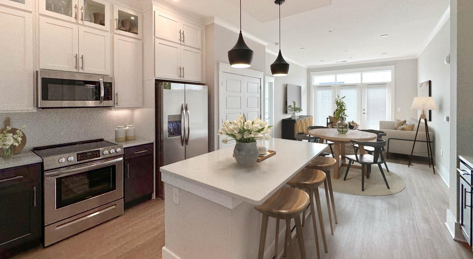 a kitchen with a dining table and a stove