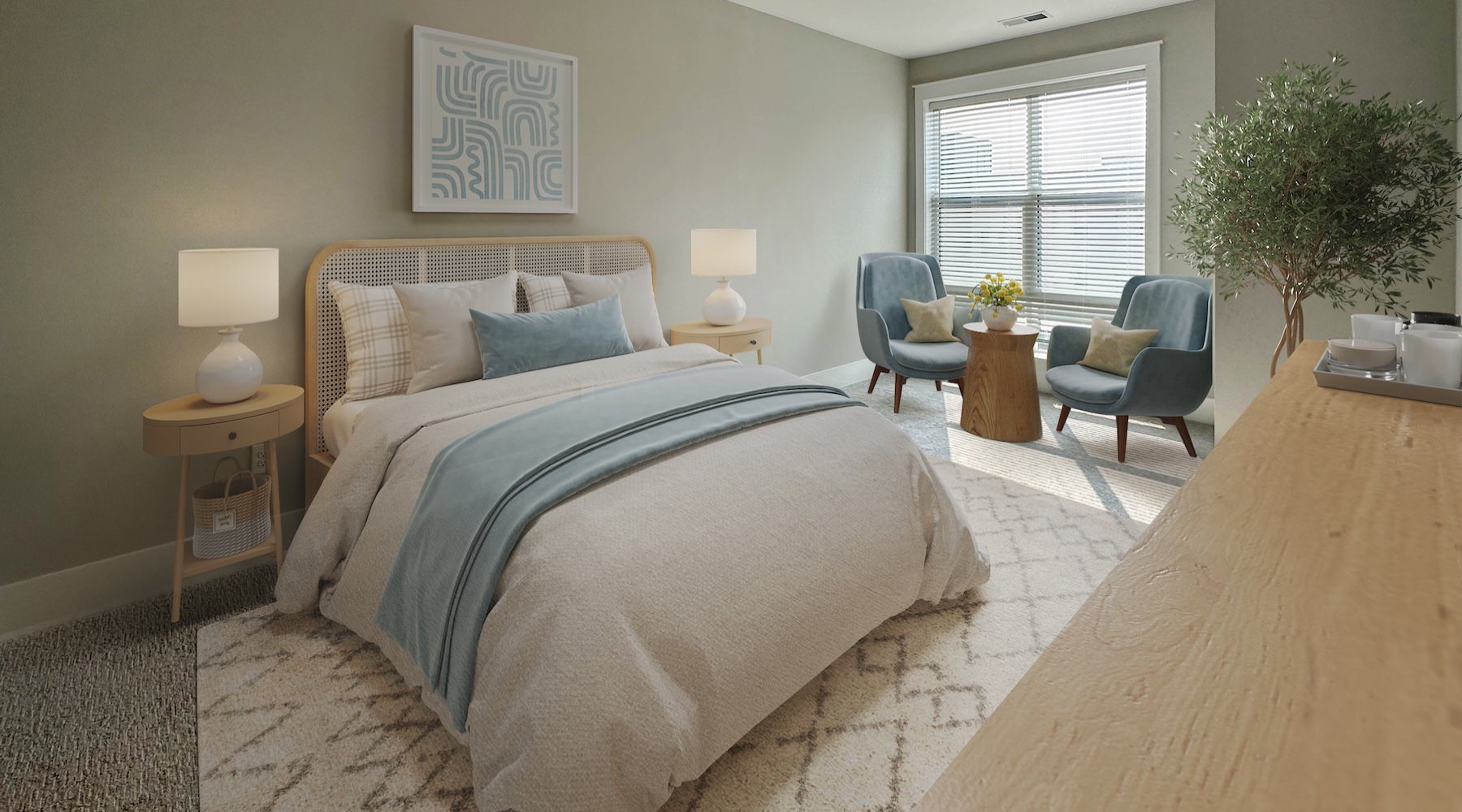 a bedroom with a bed and a table