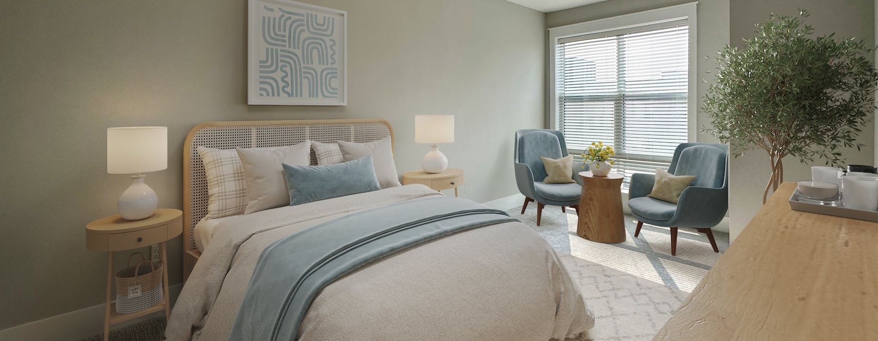 a bedroom with a bed and a table